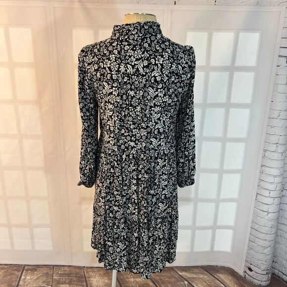 J. Crew Black White Floral Accordian Long Sleeve Half Button Shirt Dress Small - Picture 8 of 13